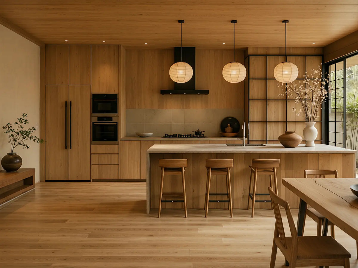 Medium Wood Modern Oriental Kitchen Hidden