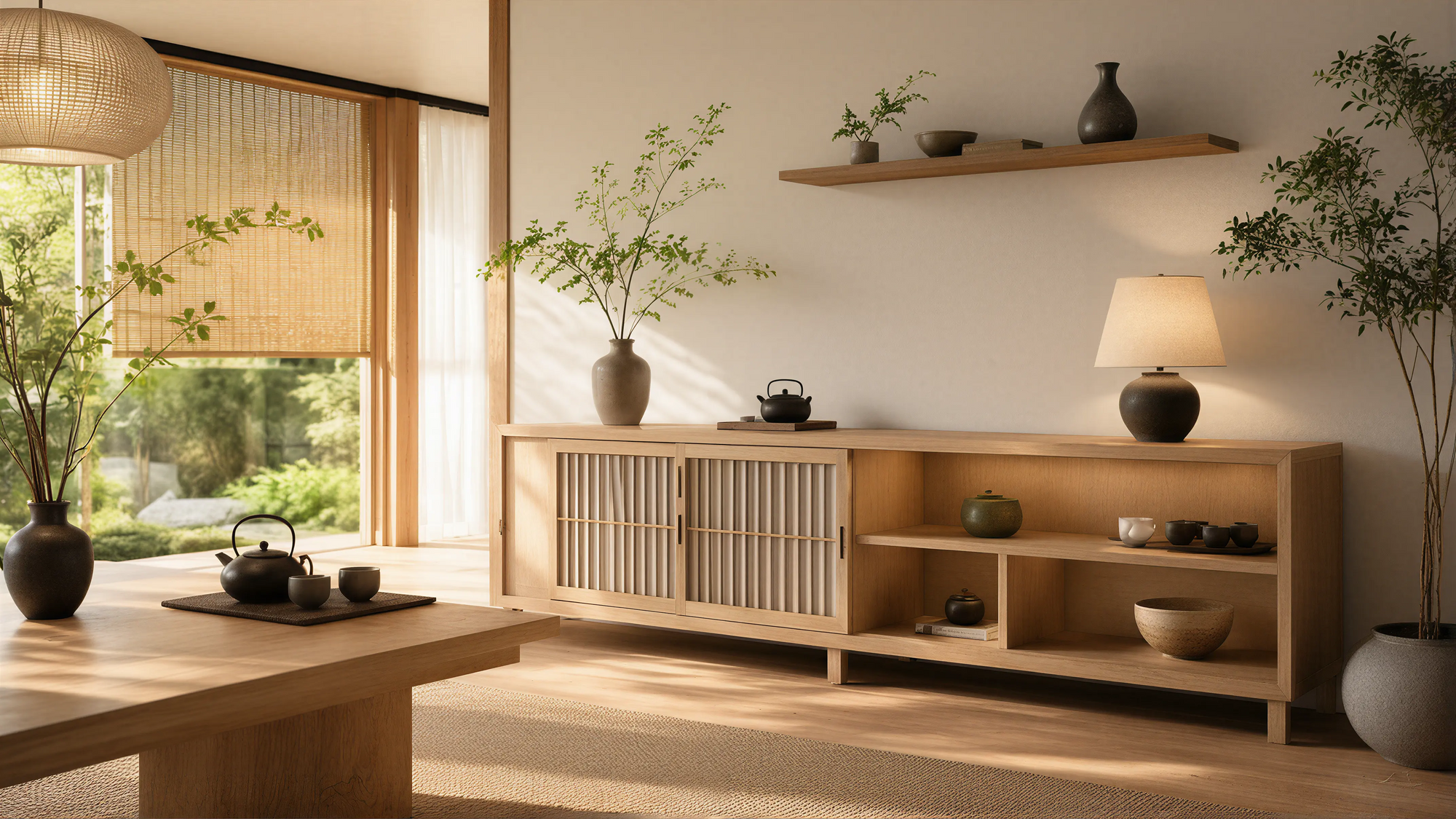 Light Wood Modern Oriental Sideboard Slatted Panels