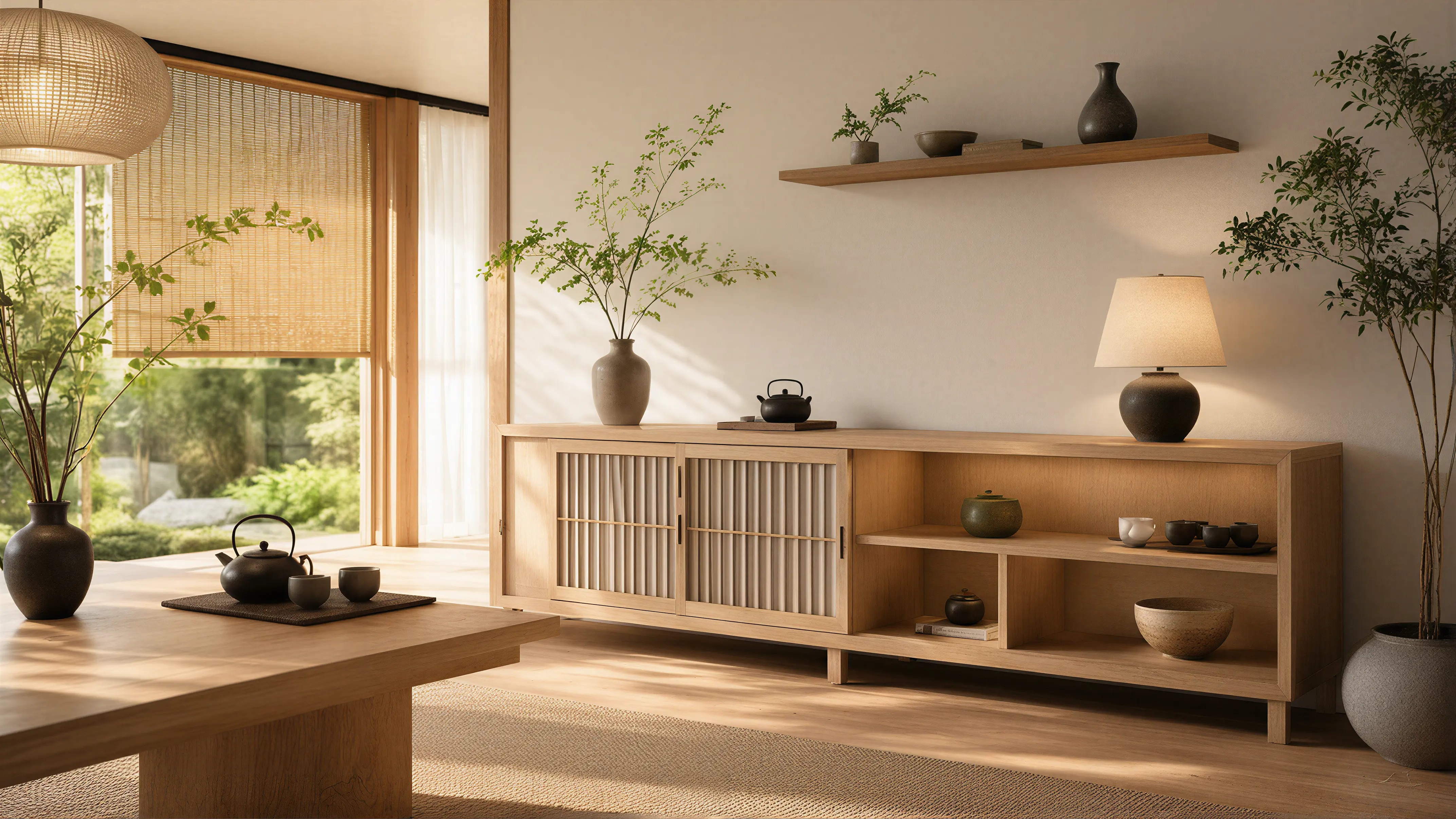 Light Wood Modern Oriental Sideboard Slatted Panels