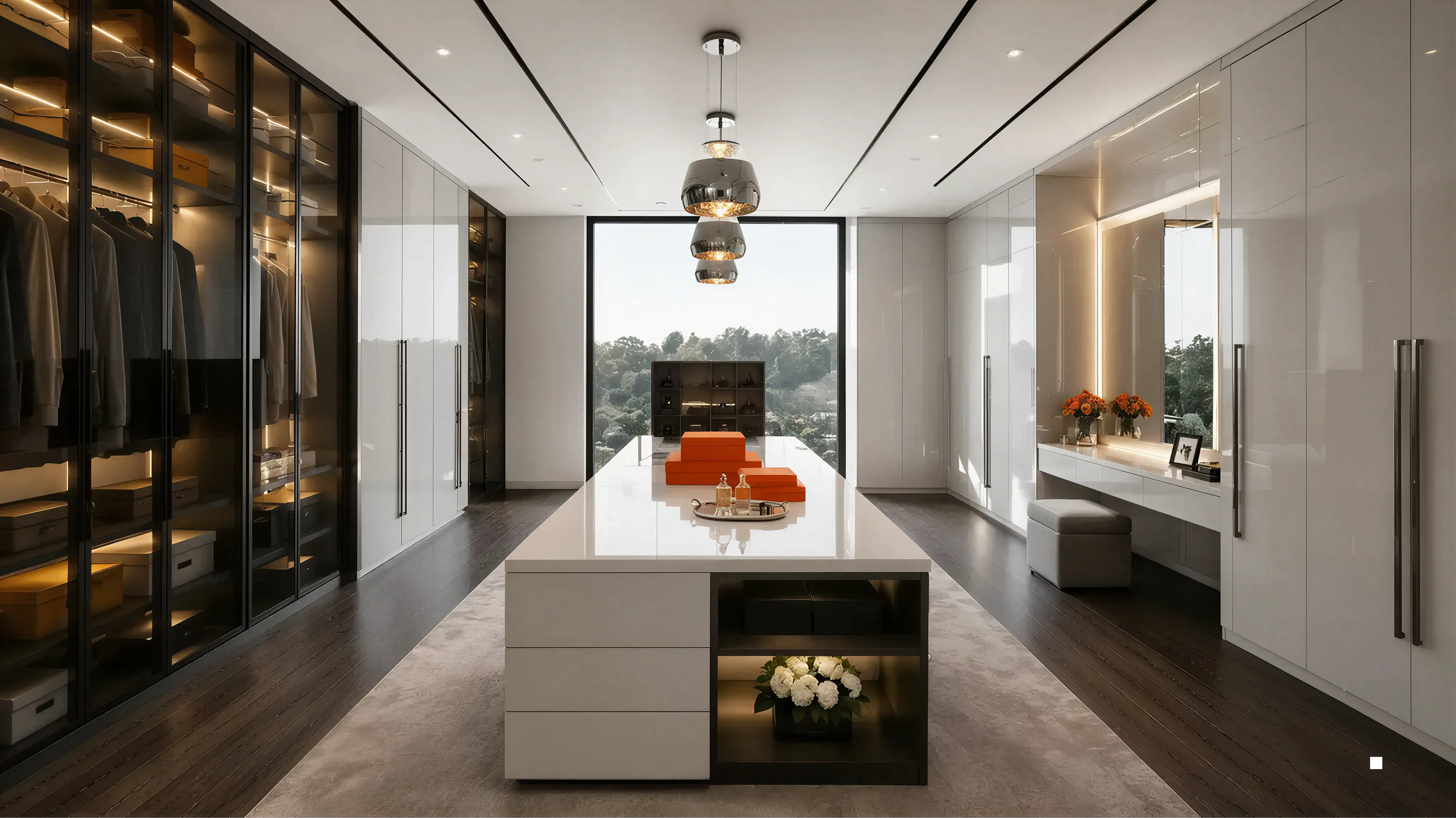 Dark Solid Glass Panel Contemporary Closet & Wardrobe Angled Paneling Profile Milling
