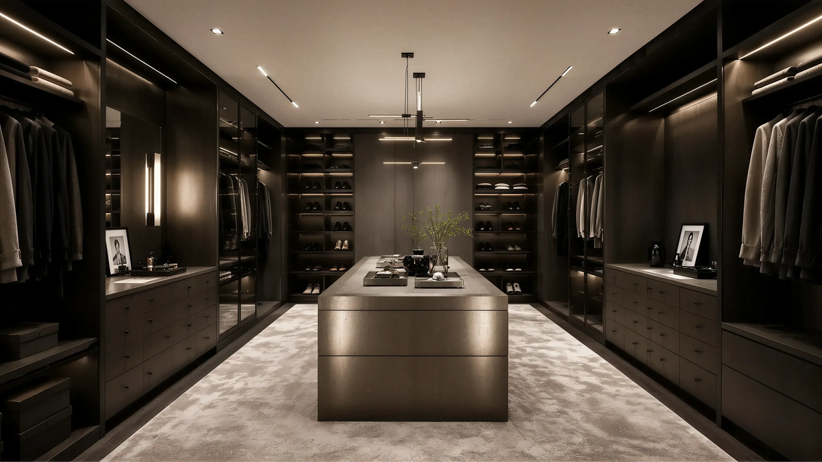 Dark Wood Contemporary Closet & Wardrobe Angled Paneling Profile Milling