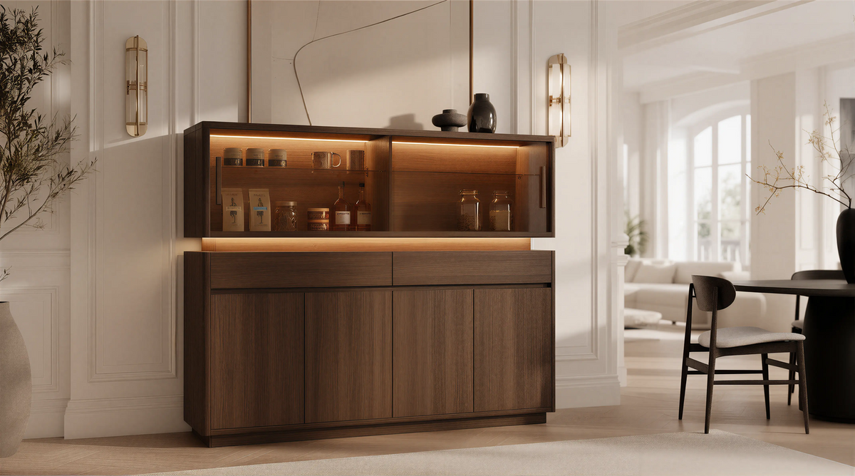 Dark Wood Glass Mid Century Modern Sideboard