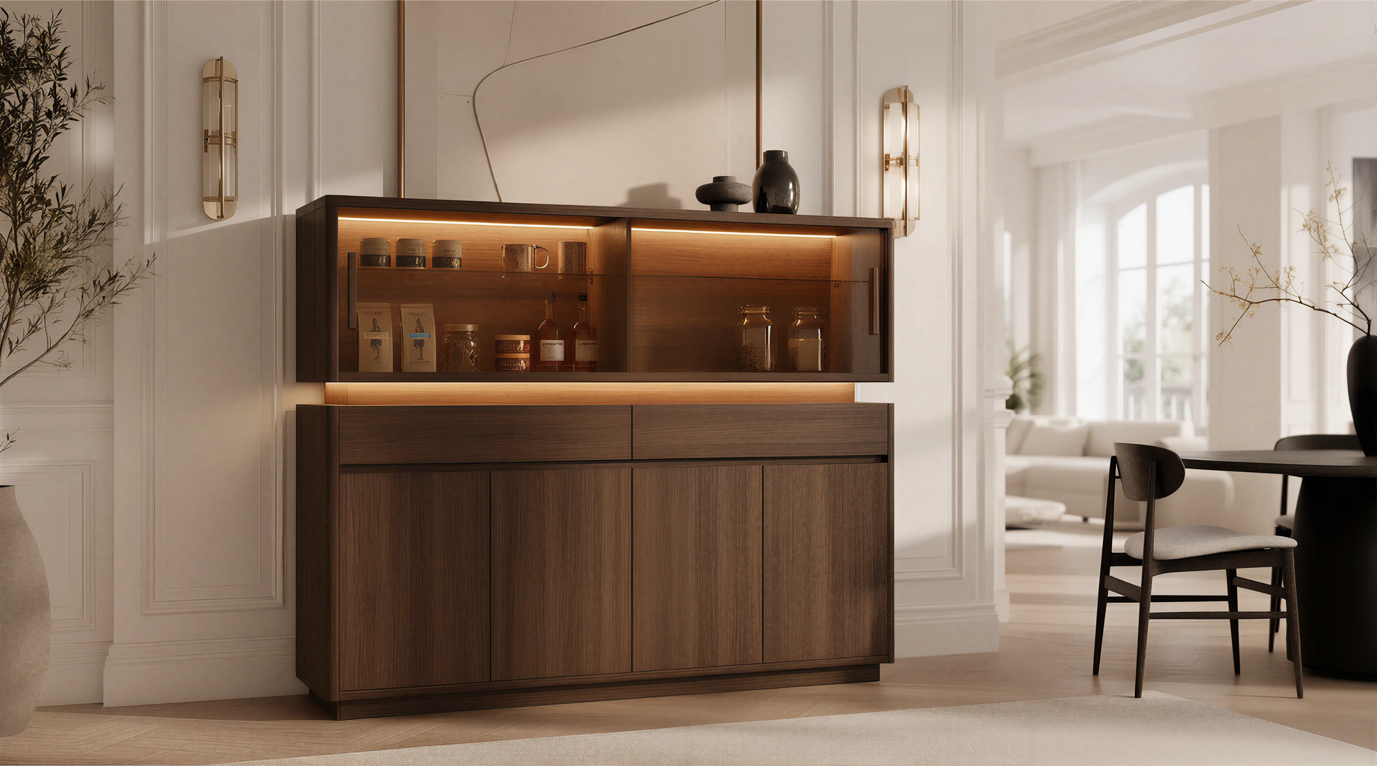 Dark Wood Glass Mid Century Modern Sideboard