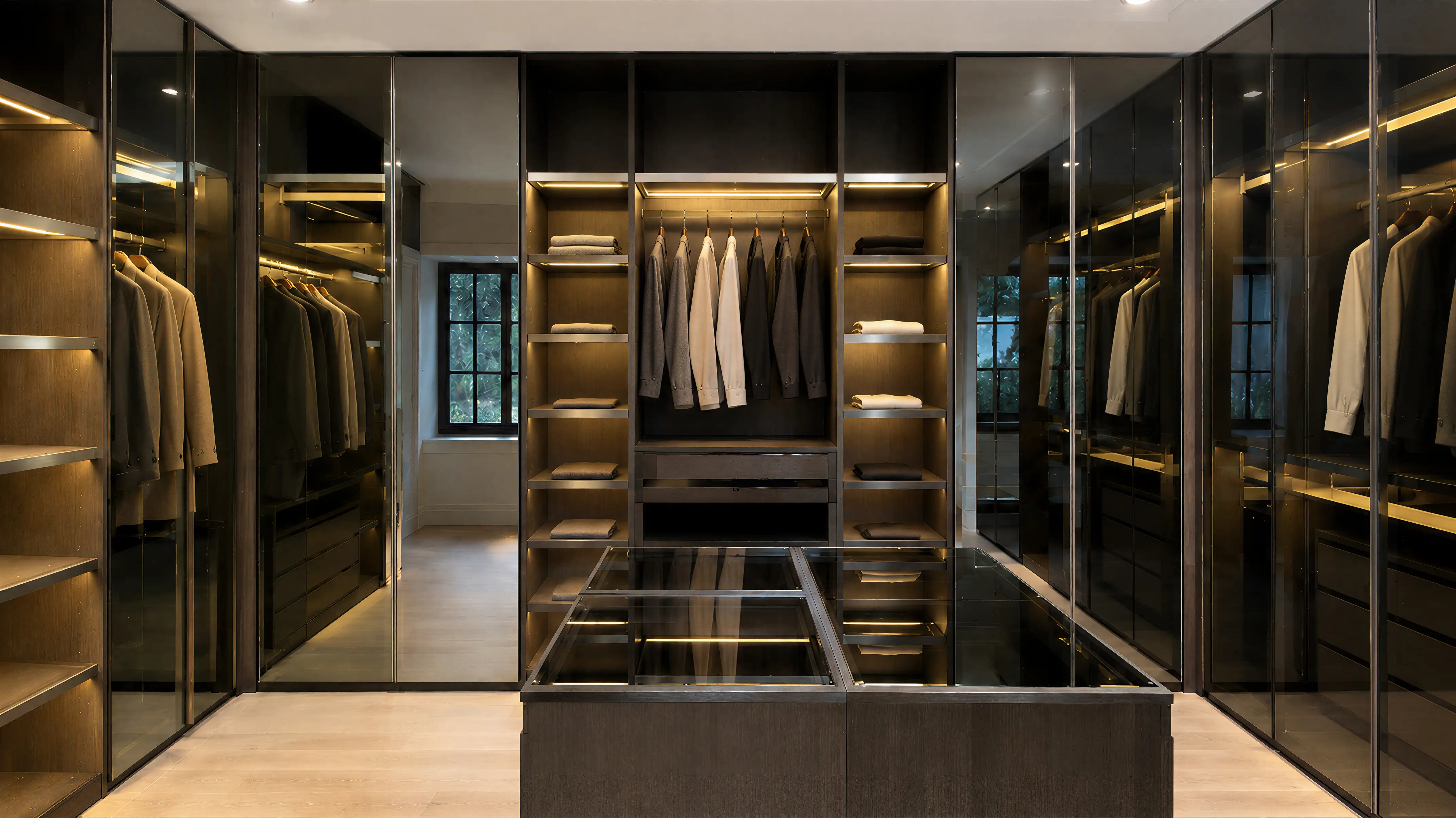 Dark Wood Mirrored Contemporary Closet & Wardrobe Angled Paneling