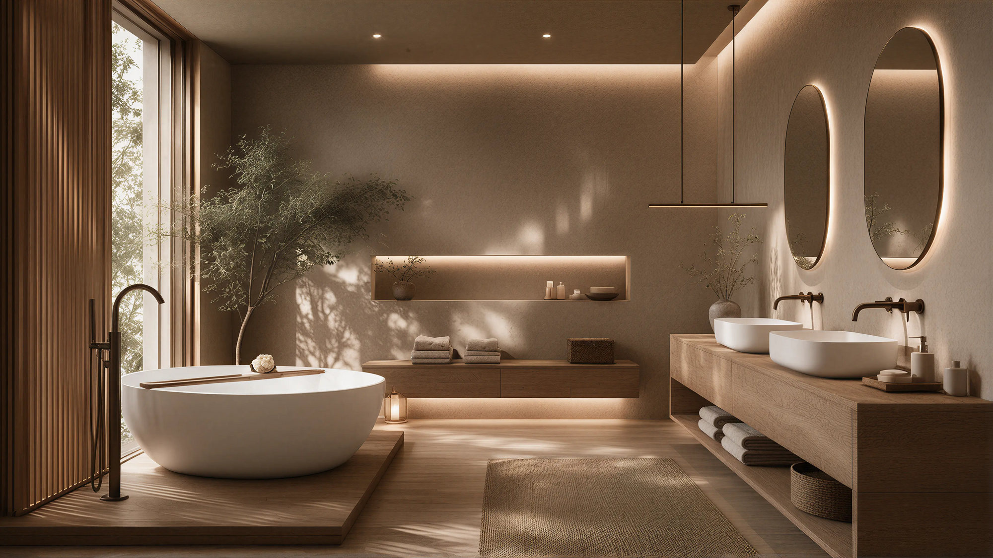 Dark Wood Modern Oriental Bath Slatted Panels 01