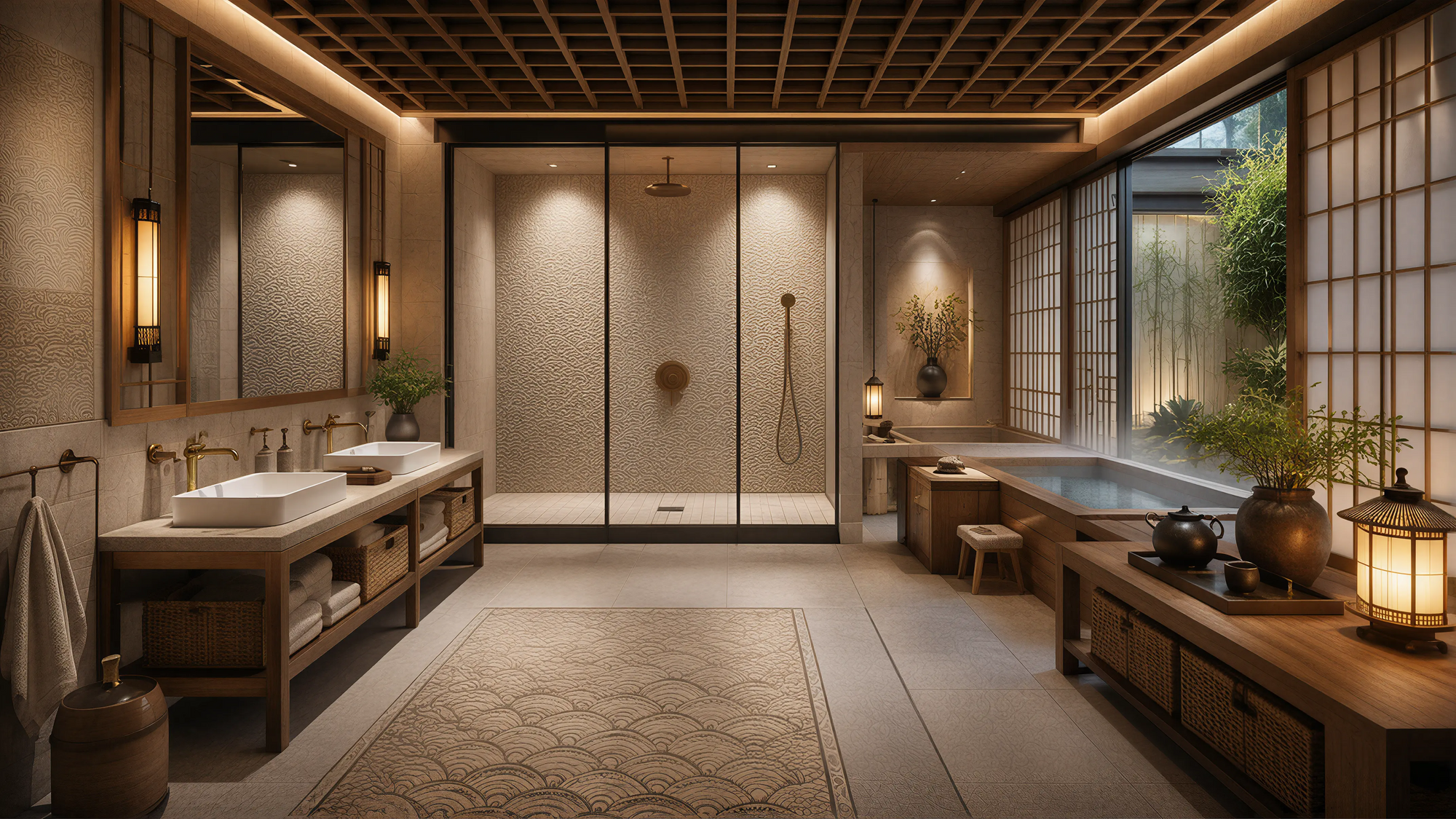 Dark Wood Modern Oriental Bath Slatted Panels 02