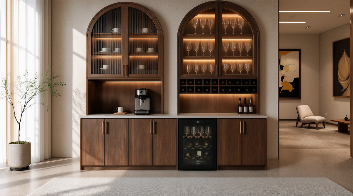 Dark Wood Modern American Sideboard Curved Woodwork