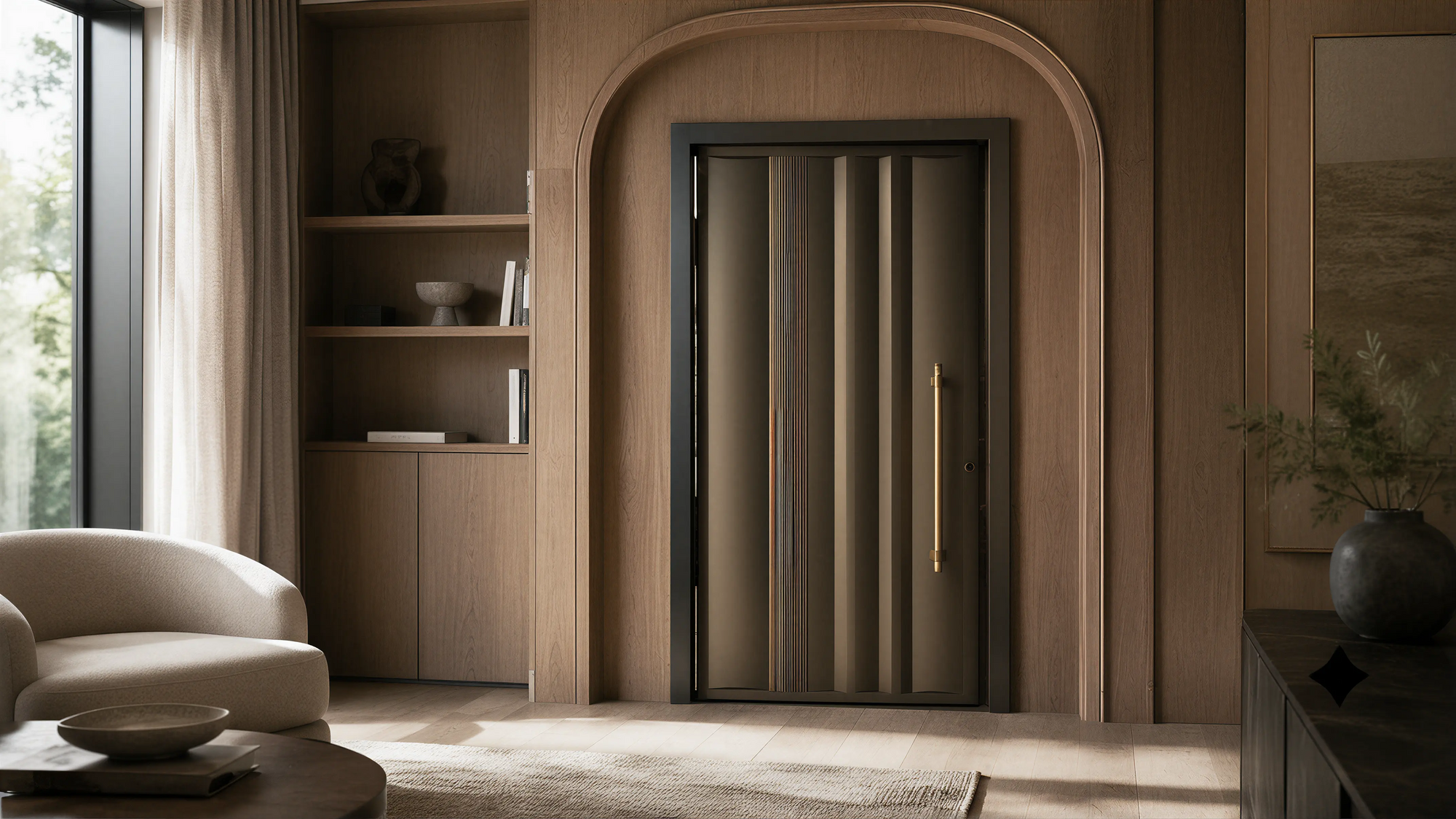 Dark Wood Solid Modern Wall & Door Grooved Details