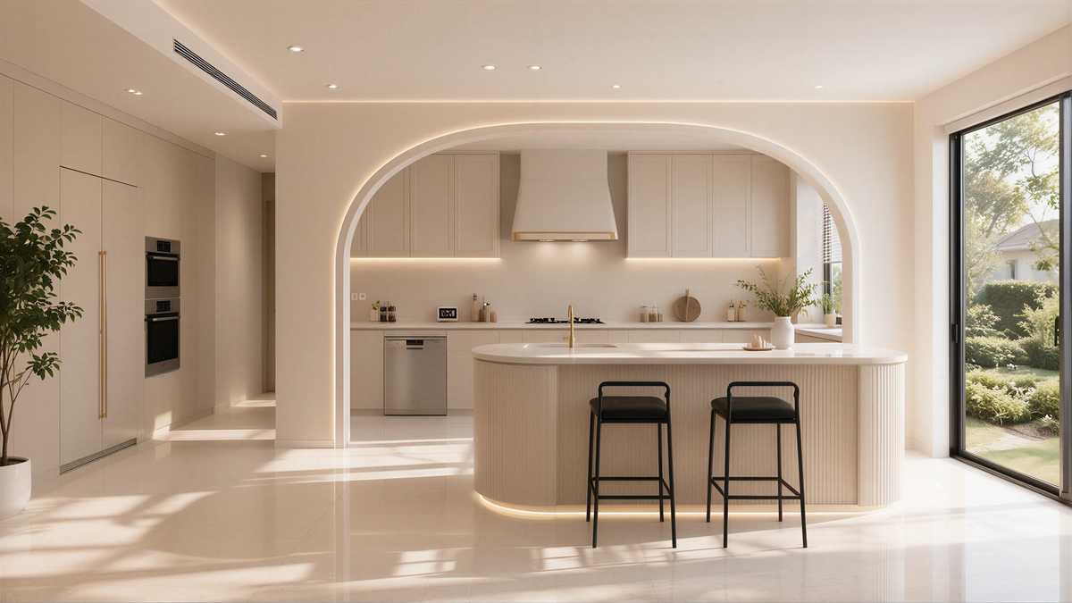 Light Solid Contemporary Kitchen Island Curved Woodwork