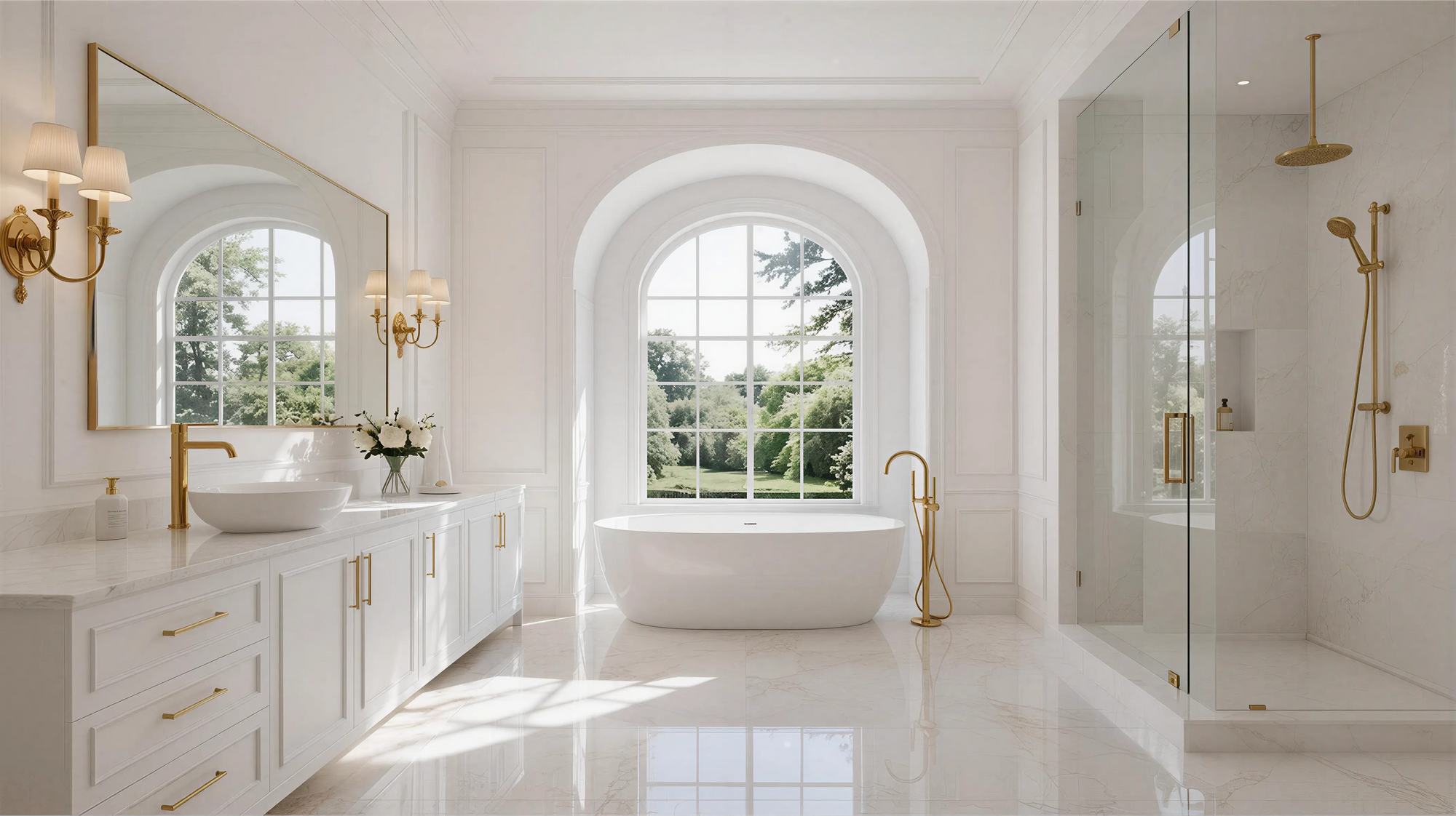 Light Solid French Transitional Bath Curved Woodwork 02