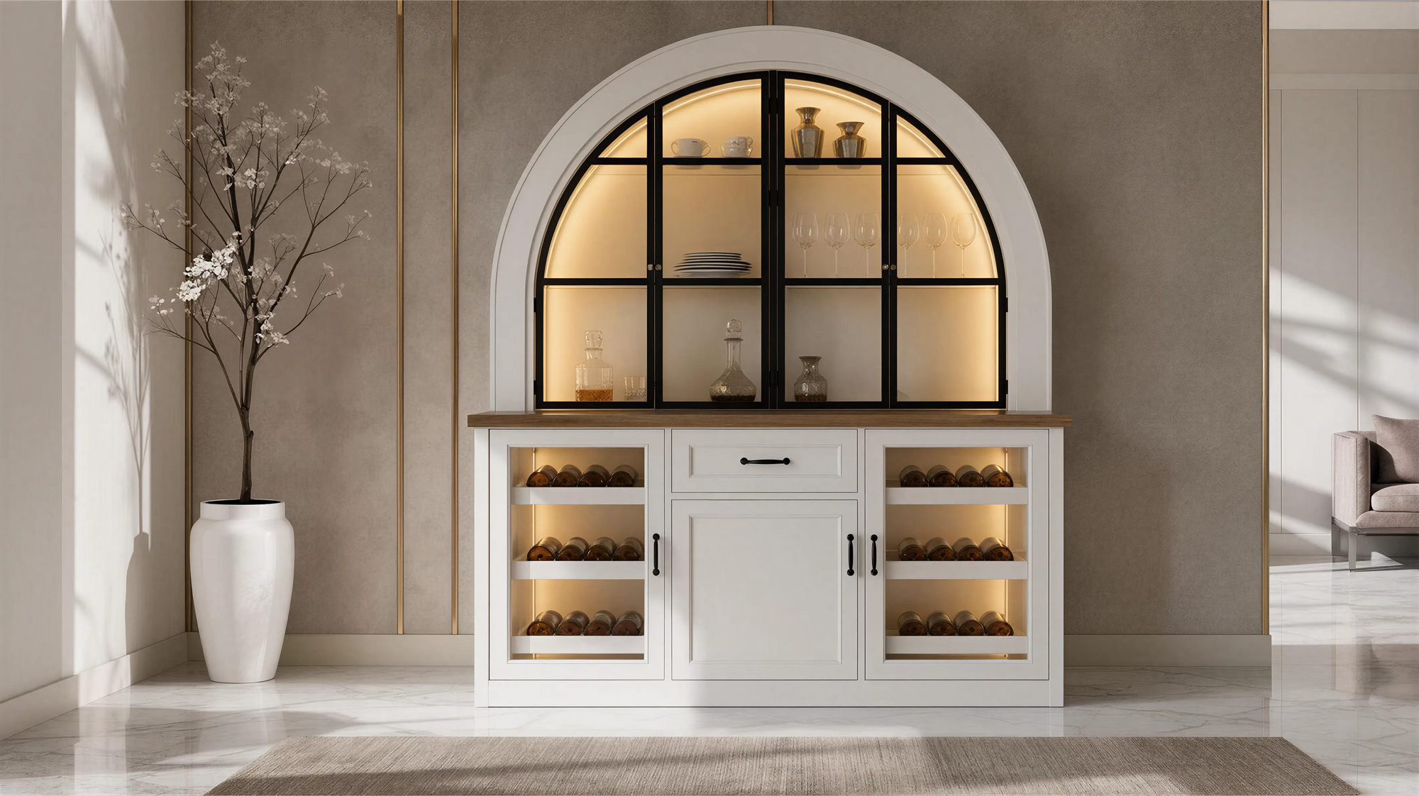 Light Solid French Transitional Sideboard Curved Woodwork