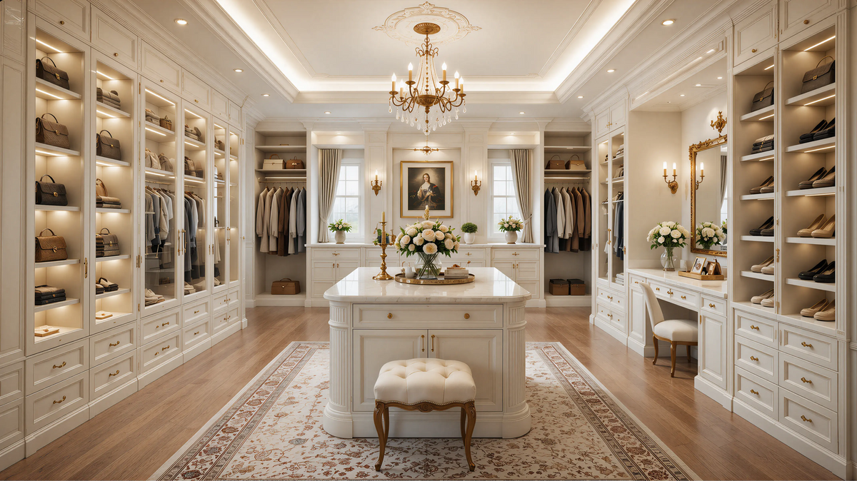 Light Solid Glass Transitional Closet & Wardrobe Island Profile Milling