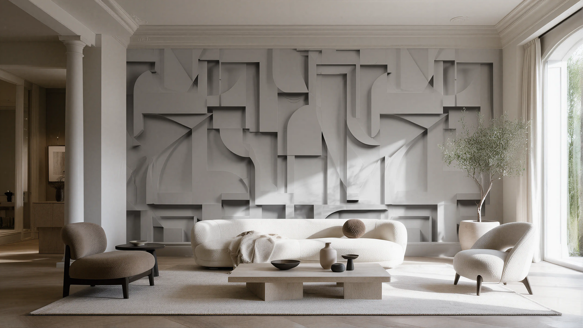Light Solid Modern Wall & Door Curved Woodwork Angled Paneling
