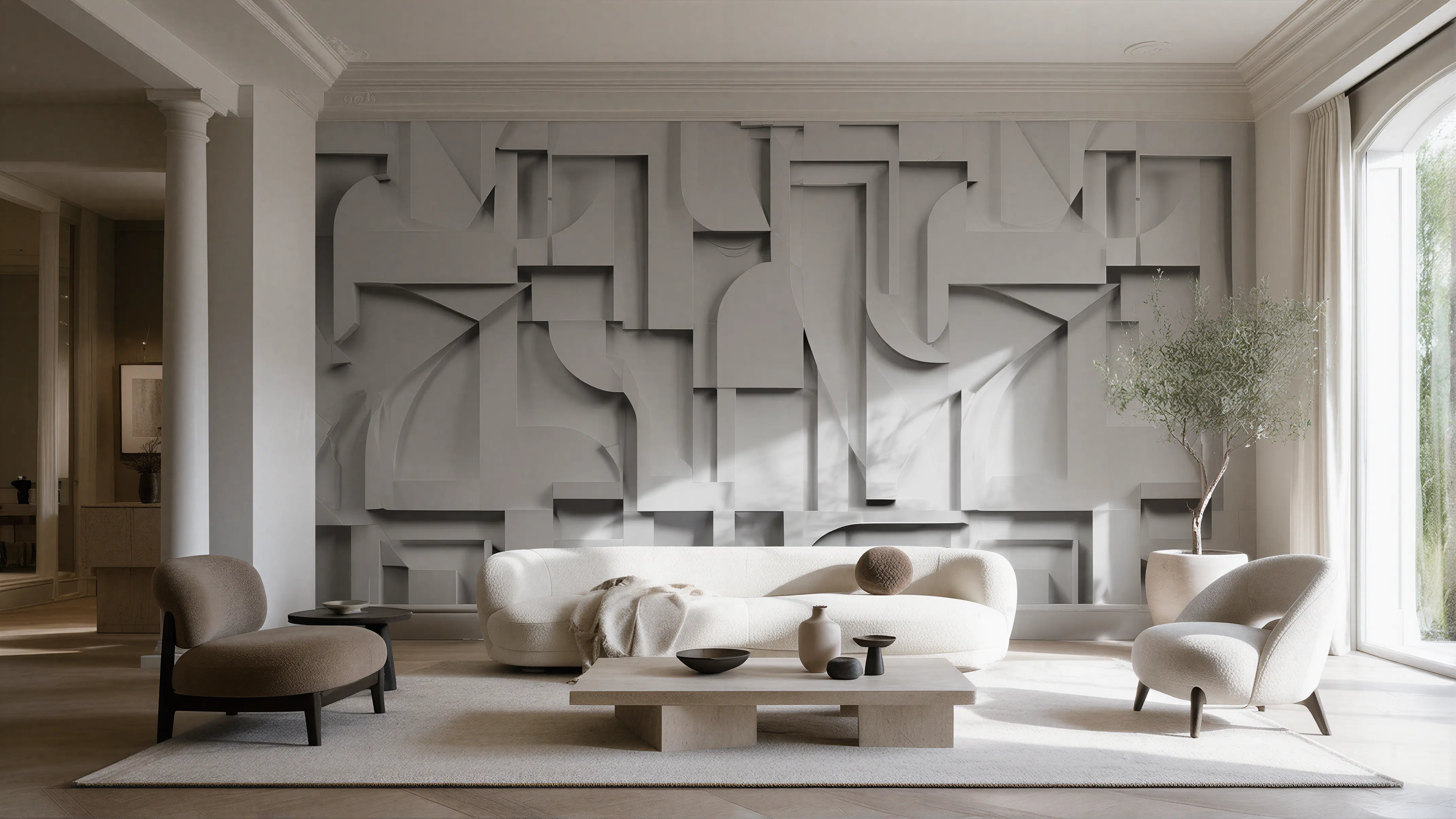 Light Solid Modern Wall & Door Curved Woodwork Angled Paneling