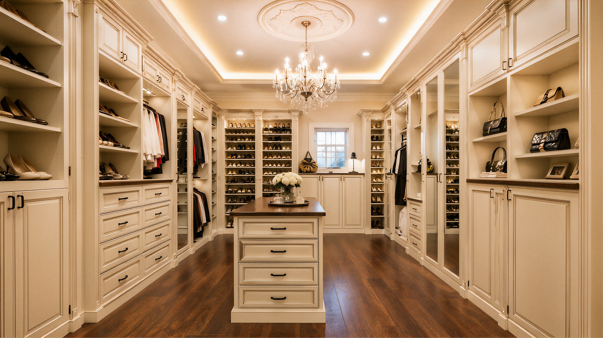 Light Solid Transitional Closet & Wardrobe Profile Milling Mitered Construction
