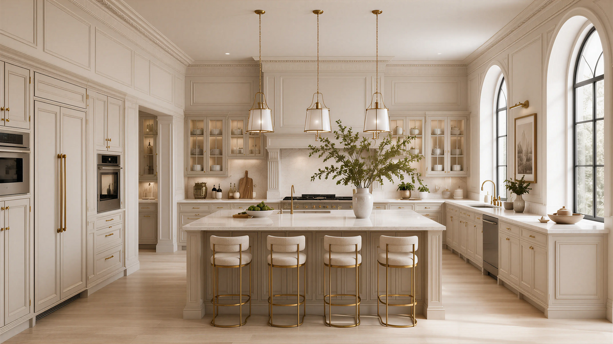 Light Solid Transitional Kitchen Island Wall Paneling