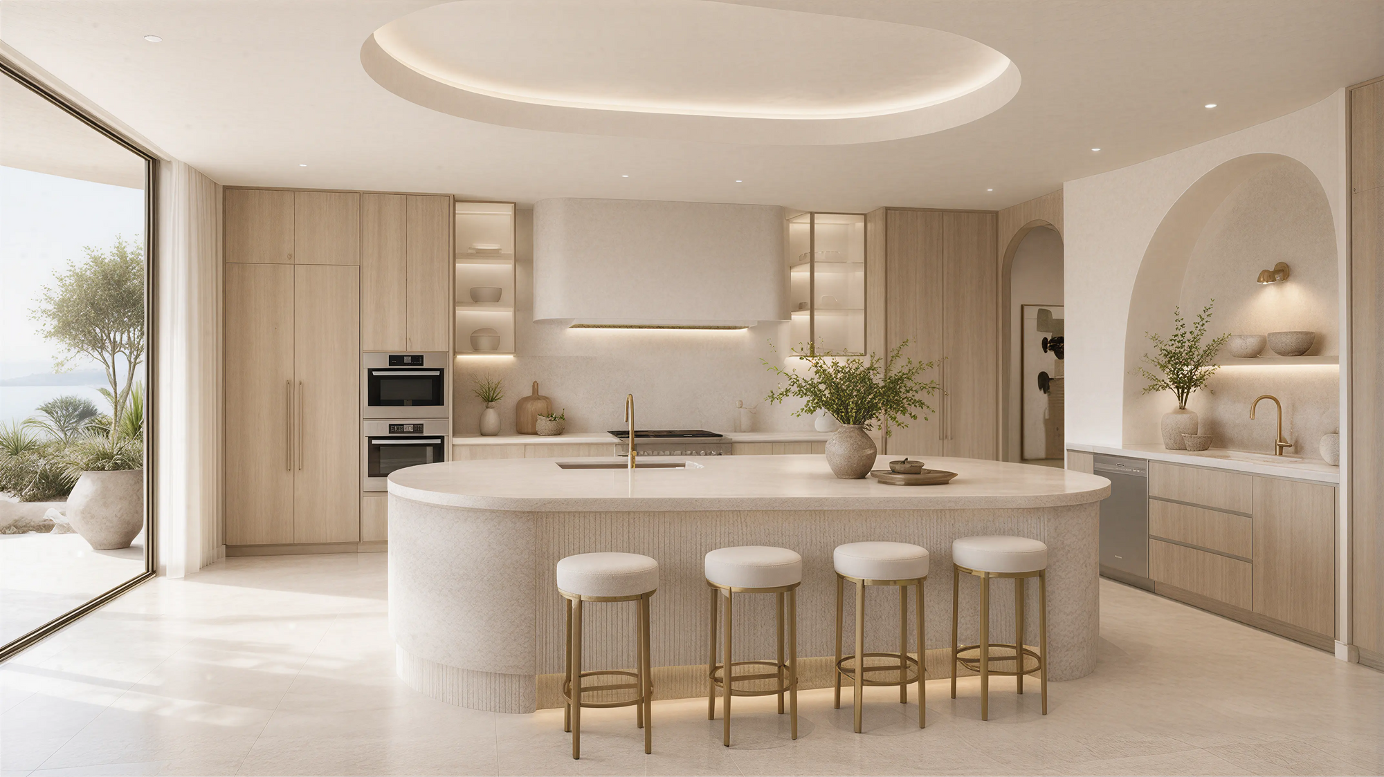 Light Wood Contemporary Kitchen Island Slatted Panels