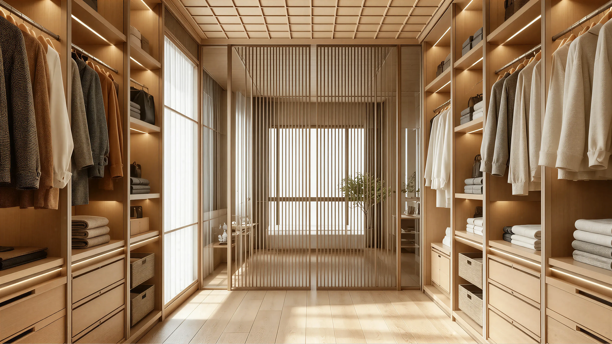 Wood Modern Oriental Closet & Wardrobe Grooved Details