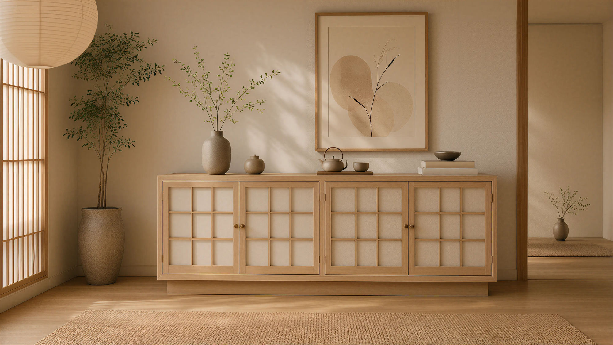 Light Wood Modern Oriental Sideboard Structural Lines