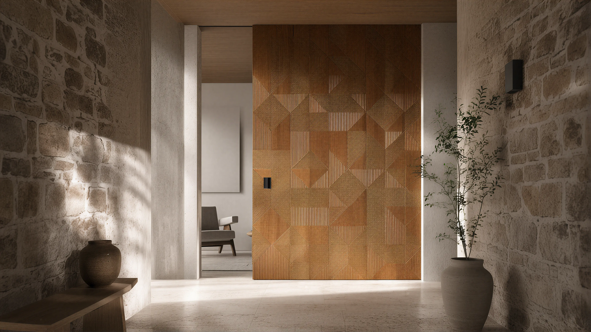 Light Wood Modern Wall & Door Angled Paneling