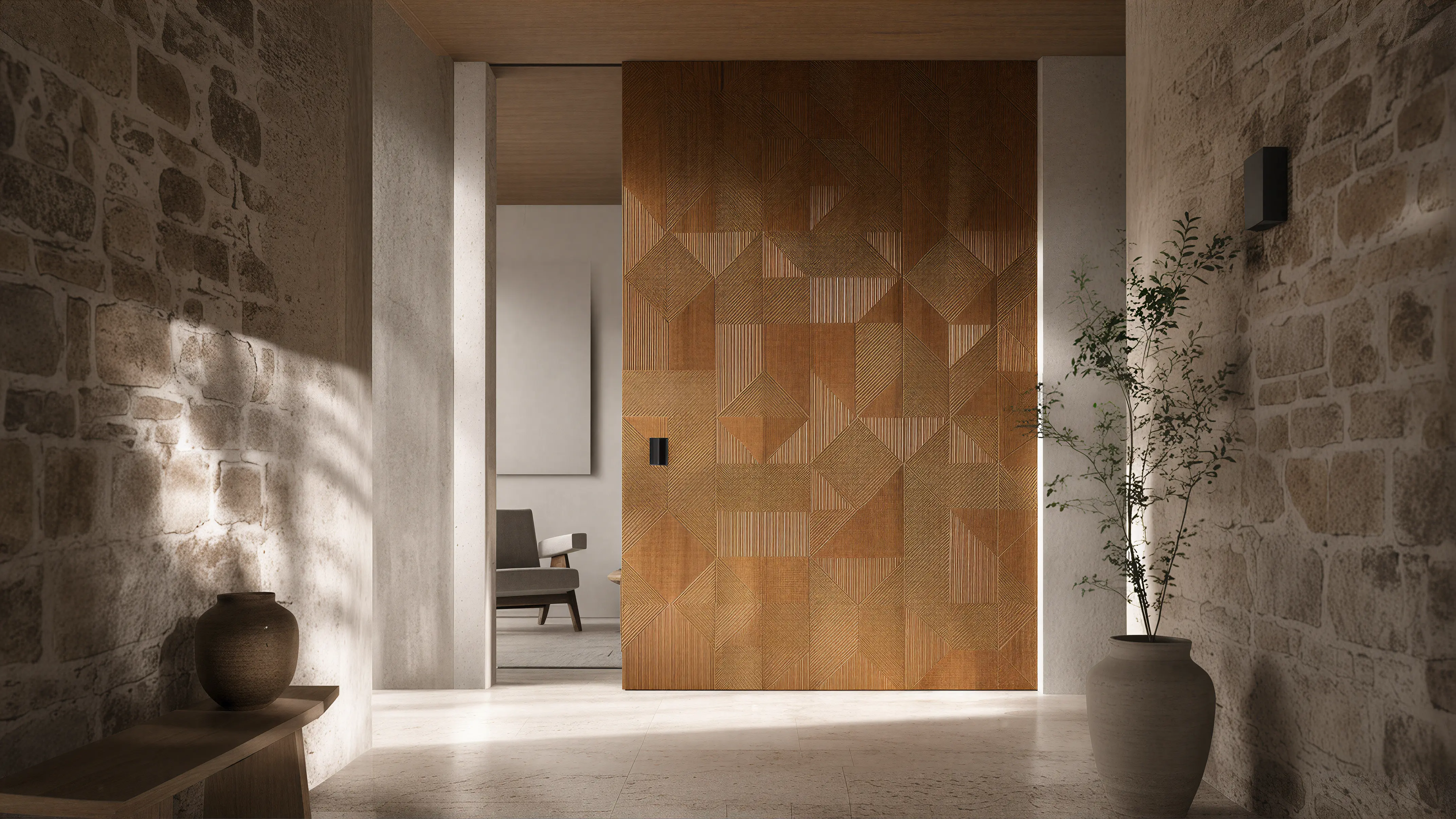 Light Wood Modern Wall & Door Angled Paneling