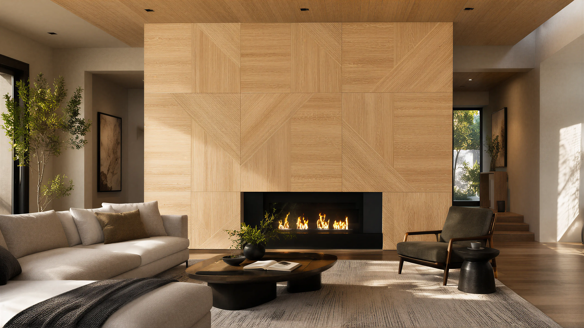 Light Wood Modern Wall & Door Angled Paneling Mitered Construction