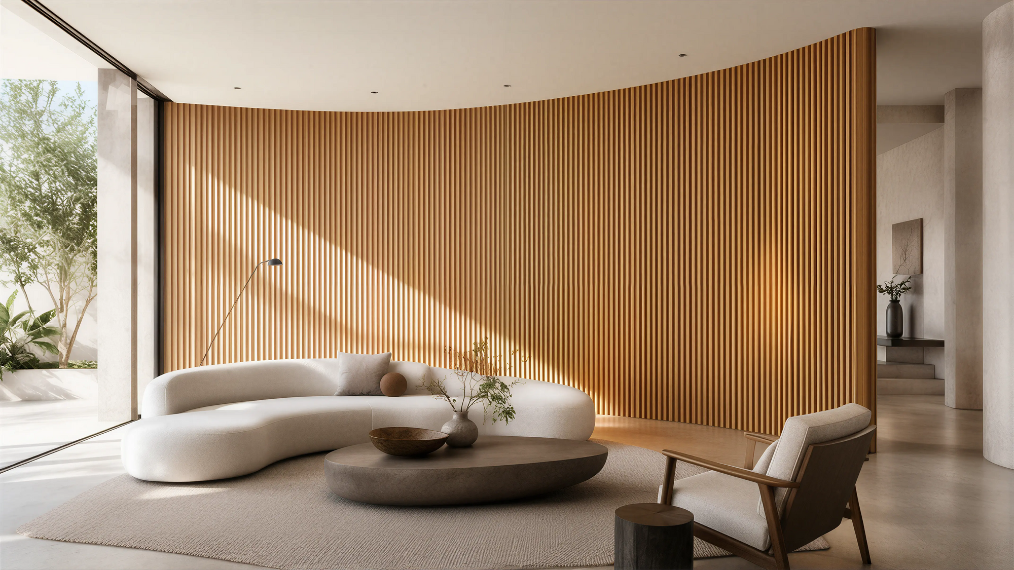 Light Wood Modern Wall & Door Curved Woodwork Slatted Panels