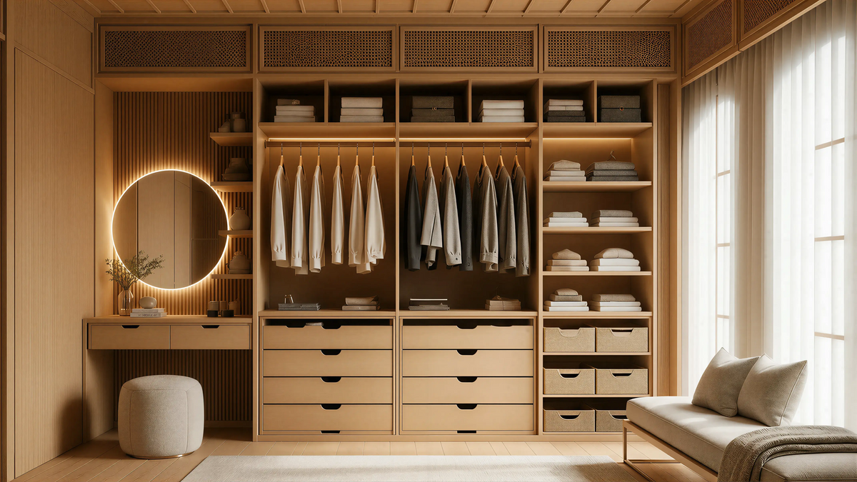 Light Wood Slatted Panels Modern Oriental Closet & Wardrobe