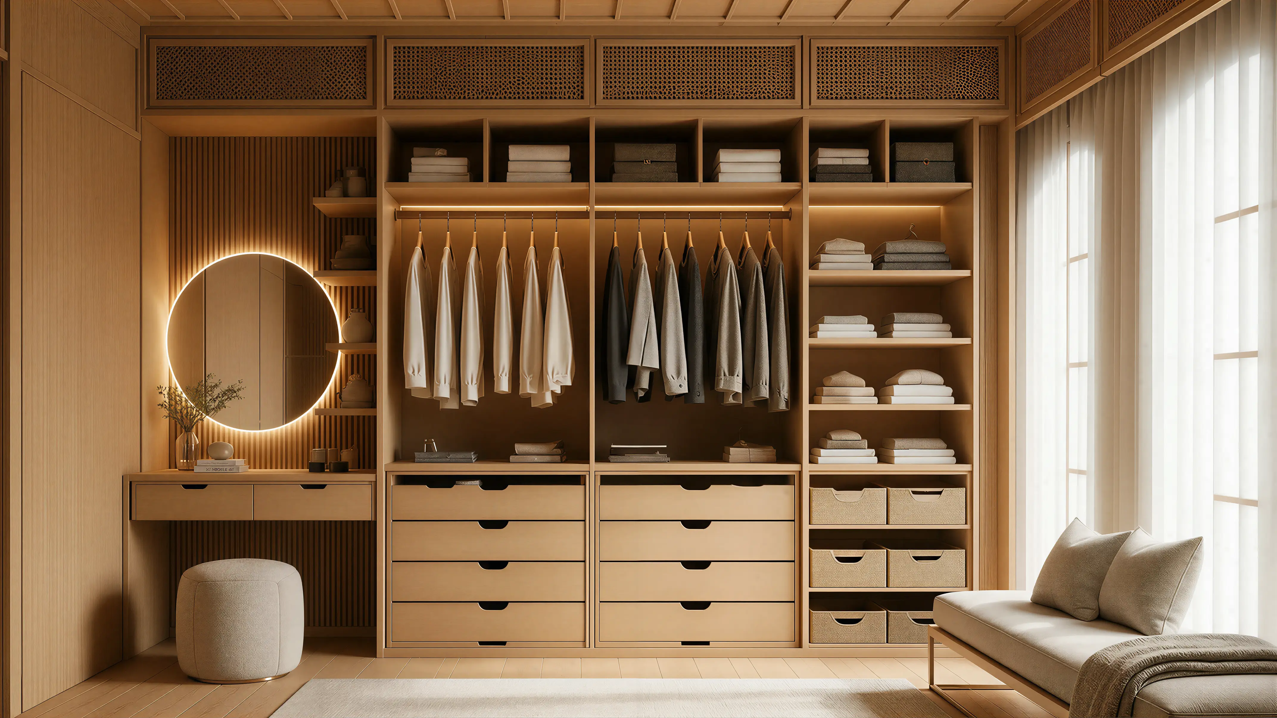 Light Wood Slatted Panels Modern Oriental Closet & Wardrobe