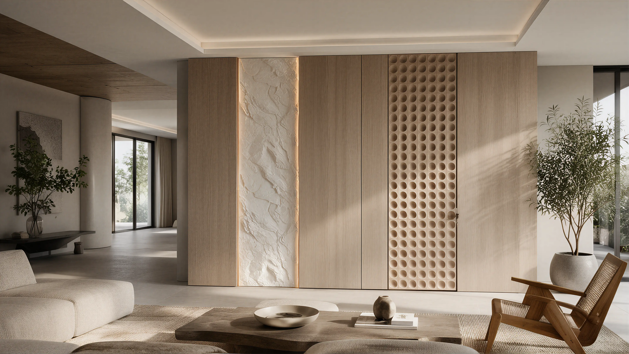 Light Wood Stone Veneer Modern Wall & Door Structural Lines