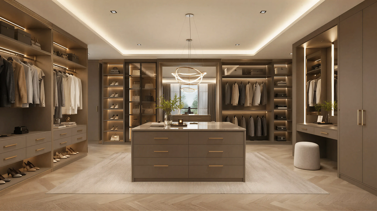 Medium Solid Modern American Closet & Wardrobe Island Profile Milling