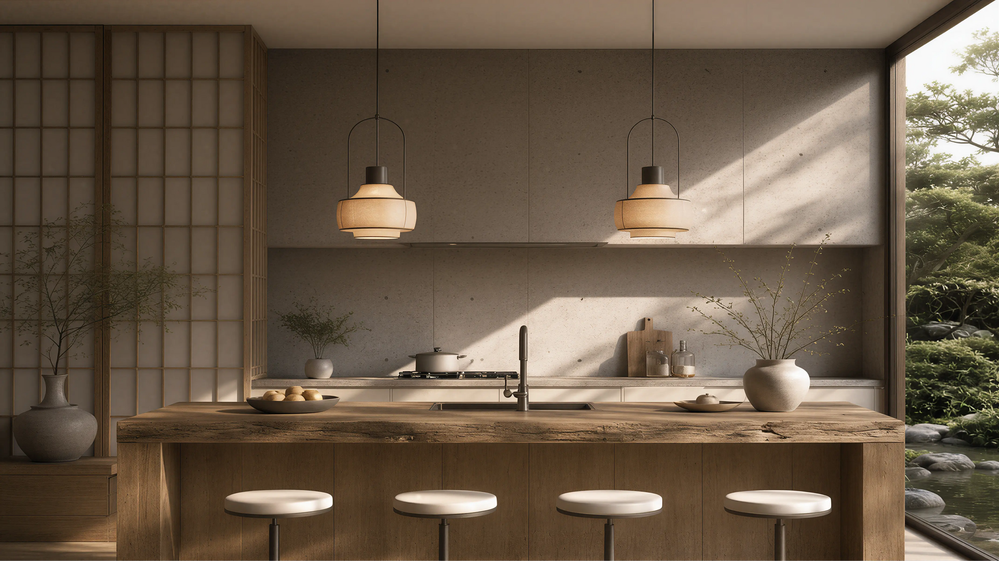Modern stone kitchen island with custom cabinetry and pendant lighting