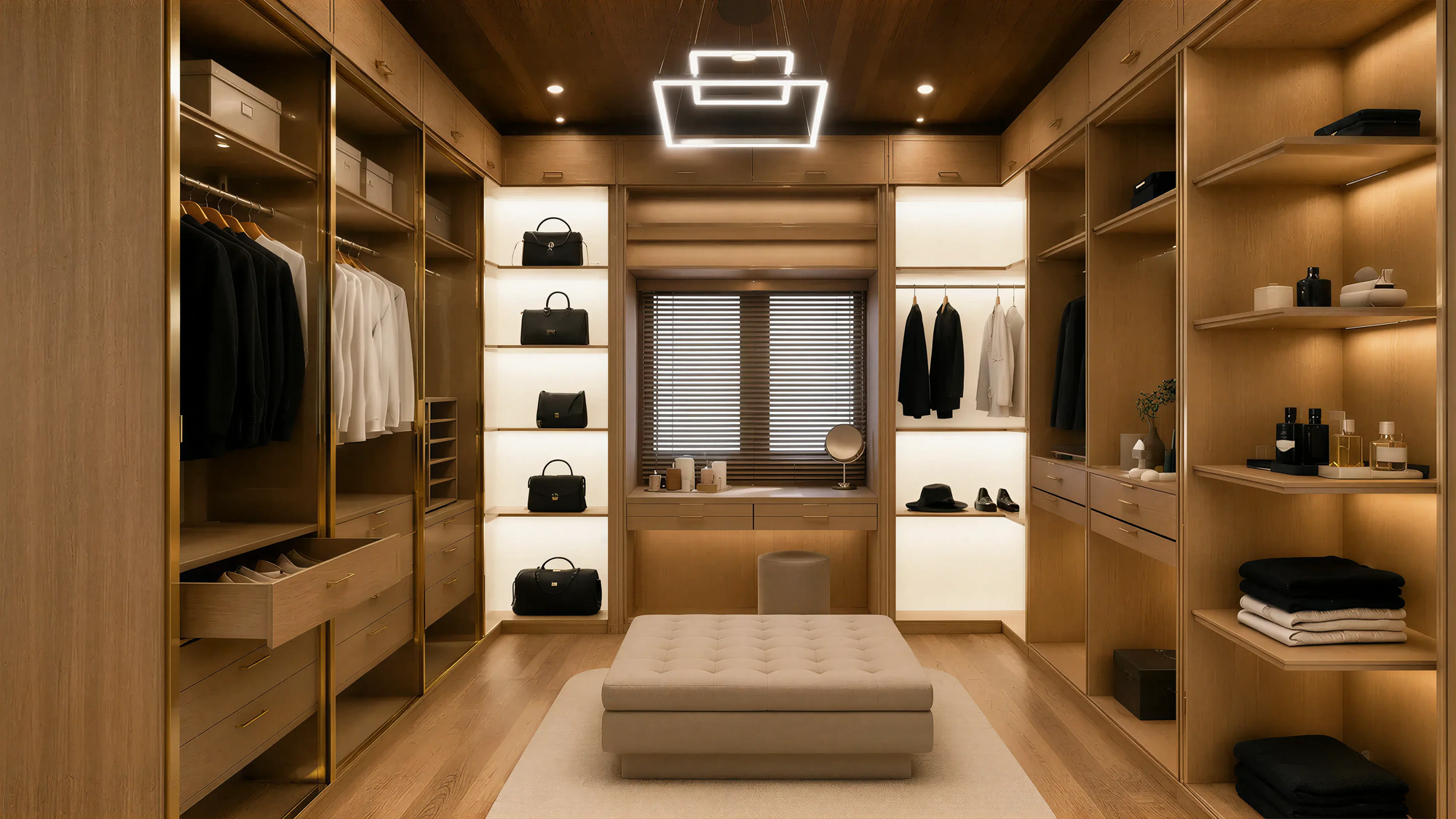 Medium Wood Contemporary Closet & Wardrobe Angled Paneling Profile Milling