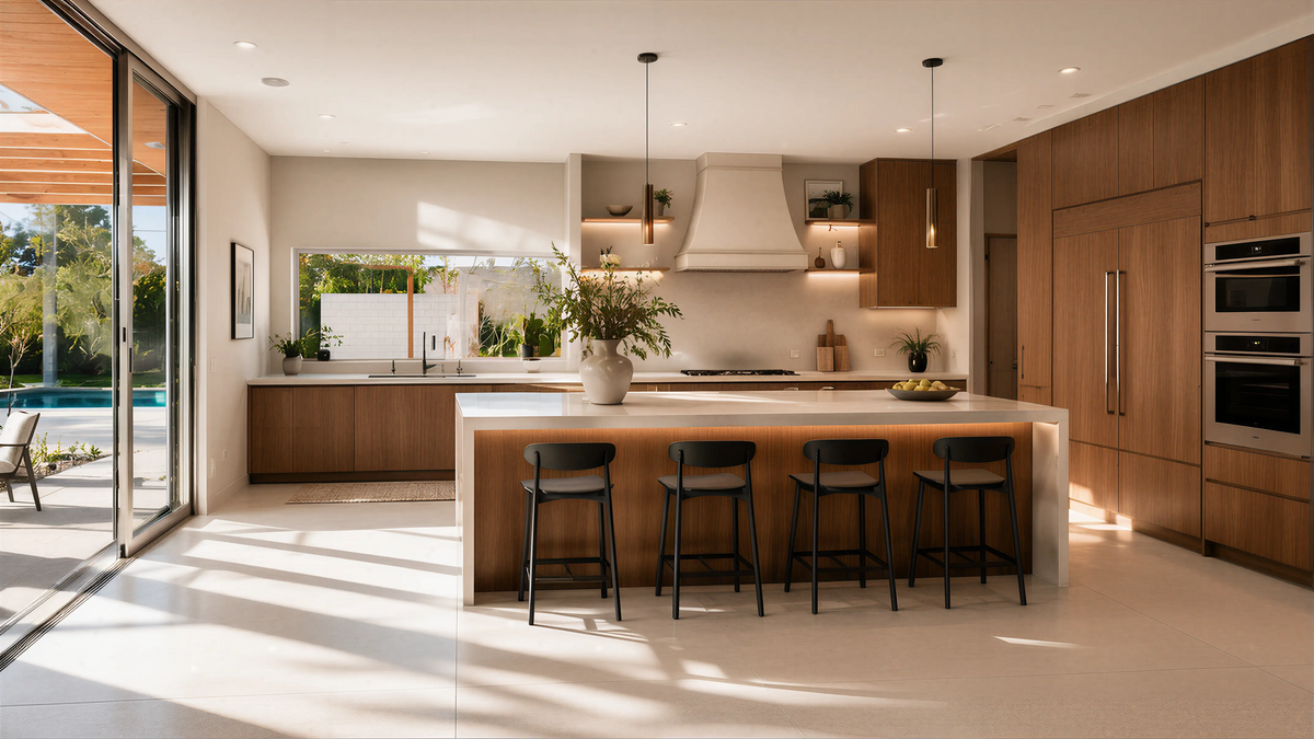 Medium Wood Contemporary Kitchen Hidden