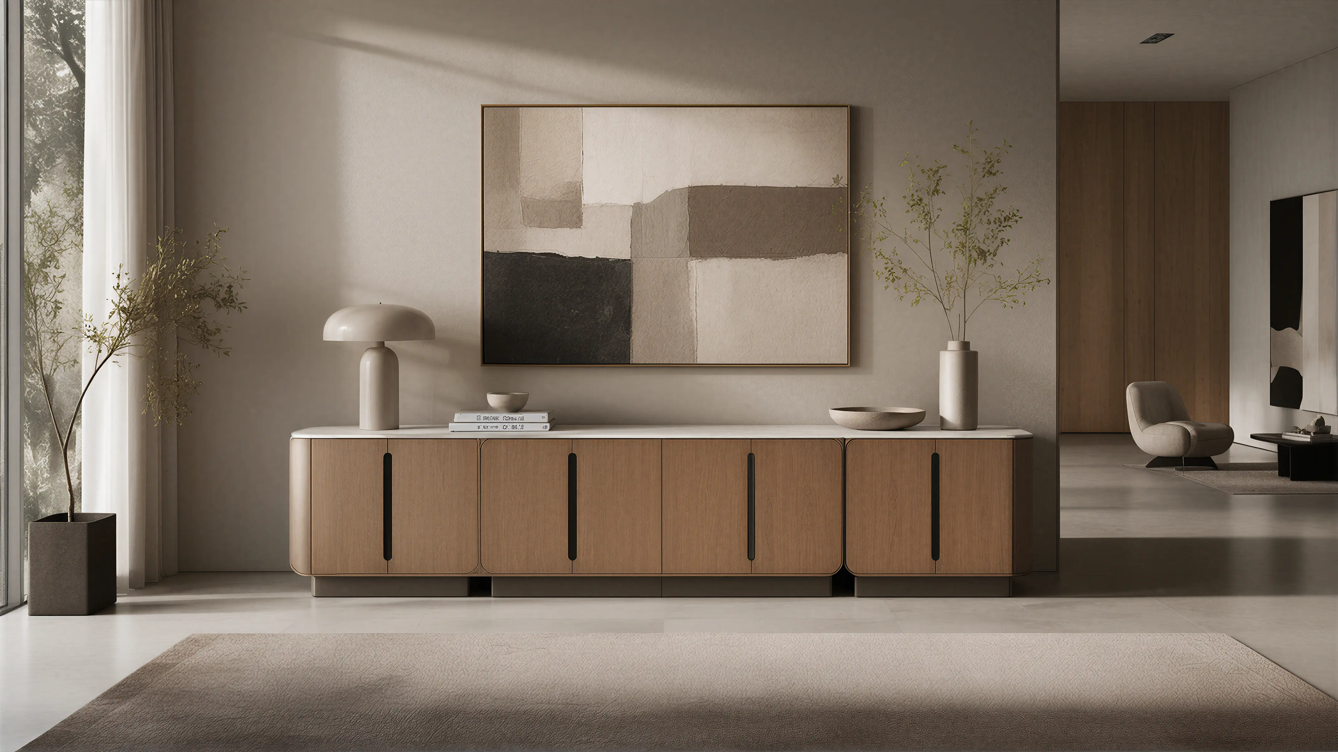 Medium Wood Contemporary Sideboard Angled Paneling