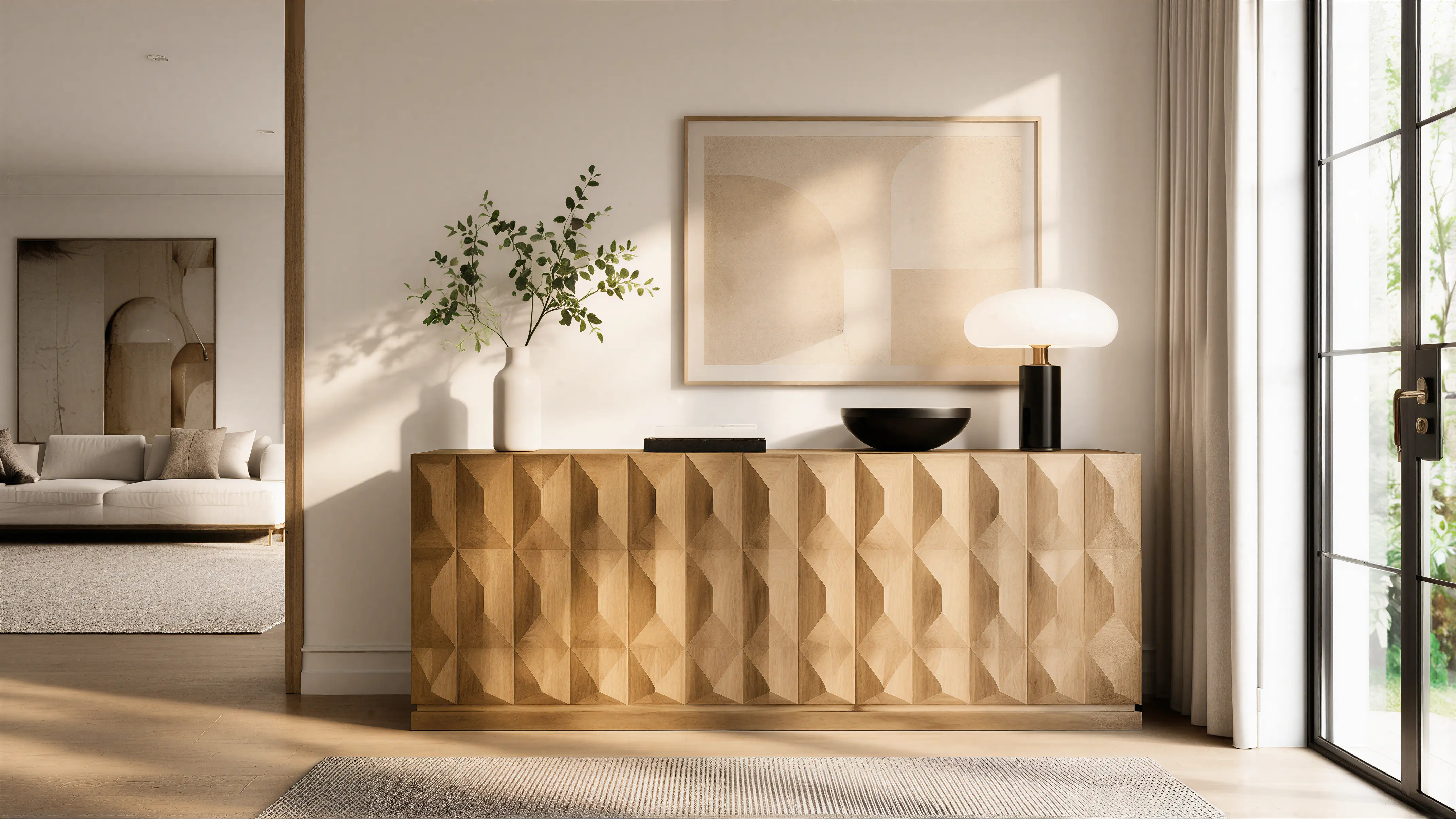 Medium Wood Contemporary Sideboard Angled Paneling