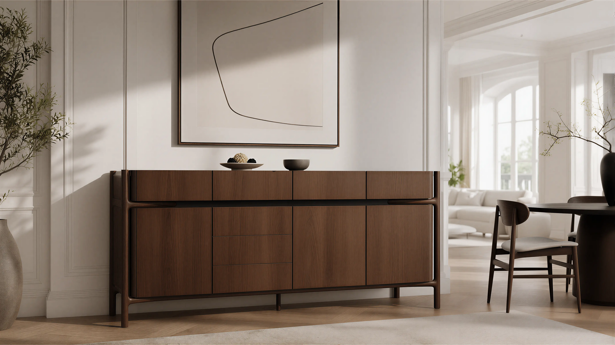 Medium Wood Mid Century Modern Sideboard Grooved Details 03