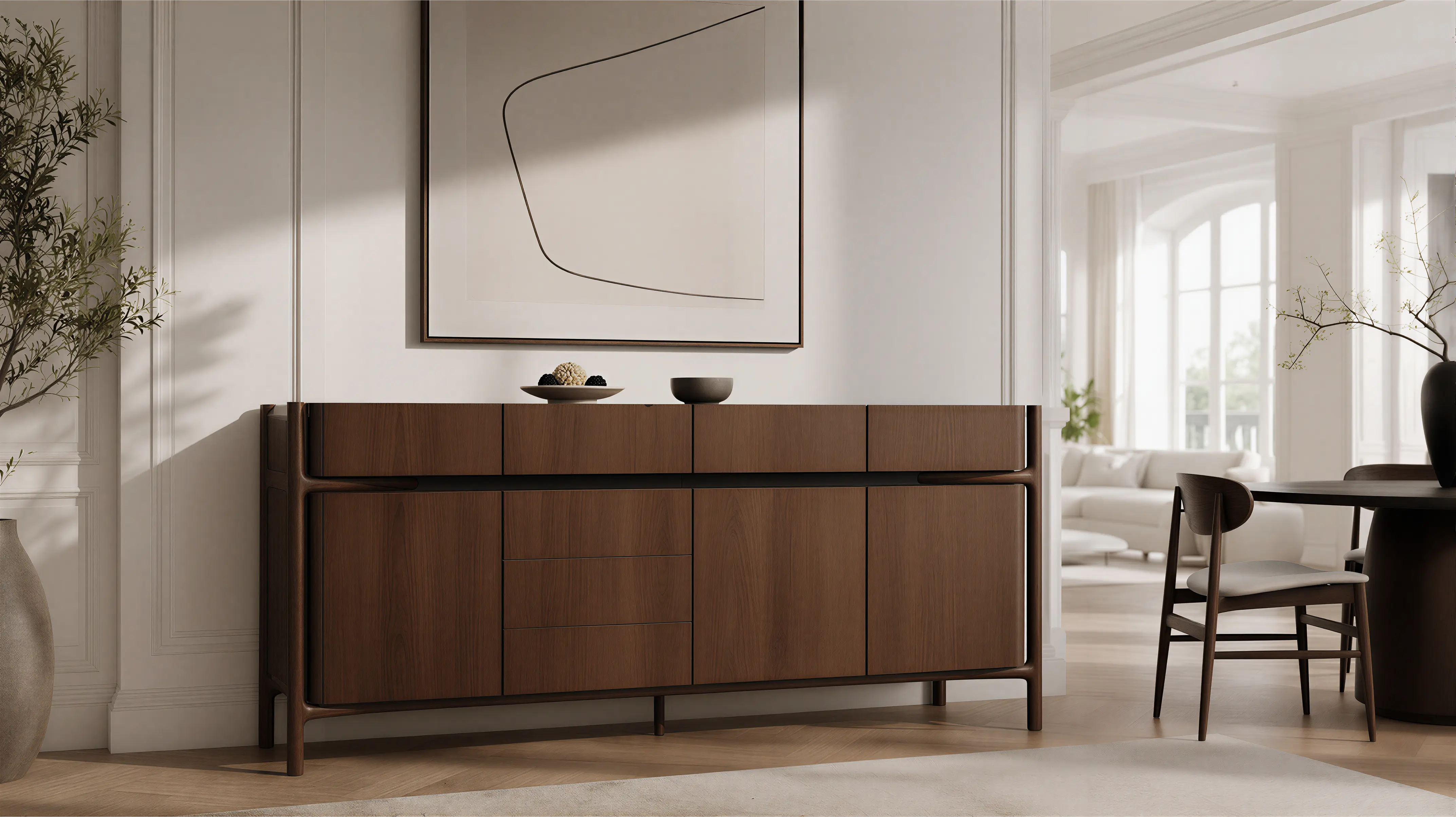 Medium Wood Mid Century Modern Sideboard Grooved Details 03