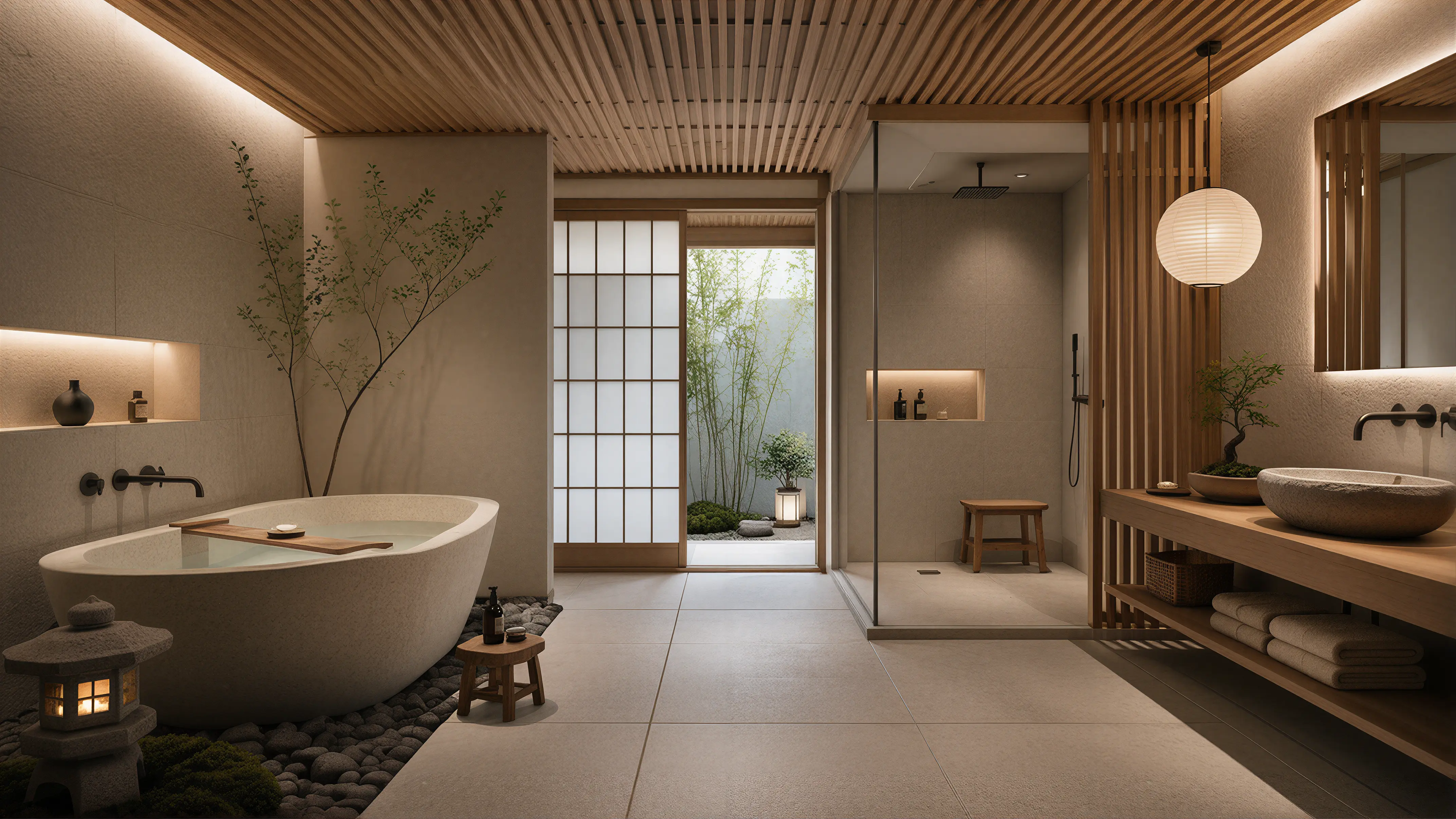 Medium Wood Modern Oriental Bath Slatted Panels 03
