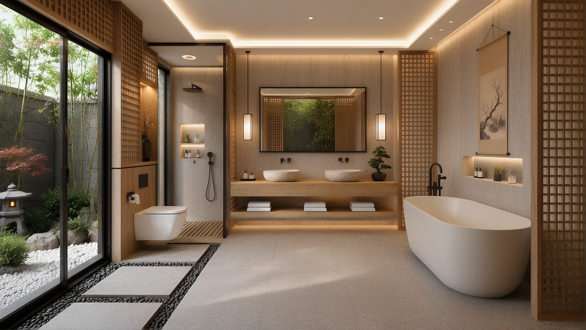Medium Wood Modern Oriental Bath Slatted Panels 04
