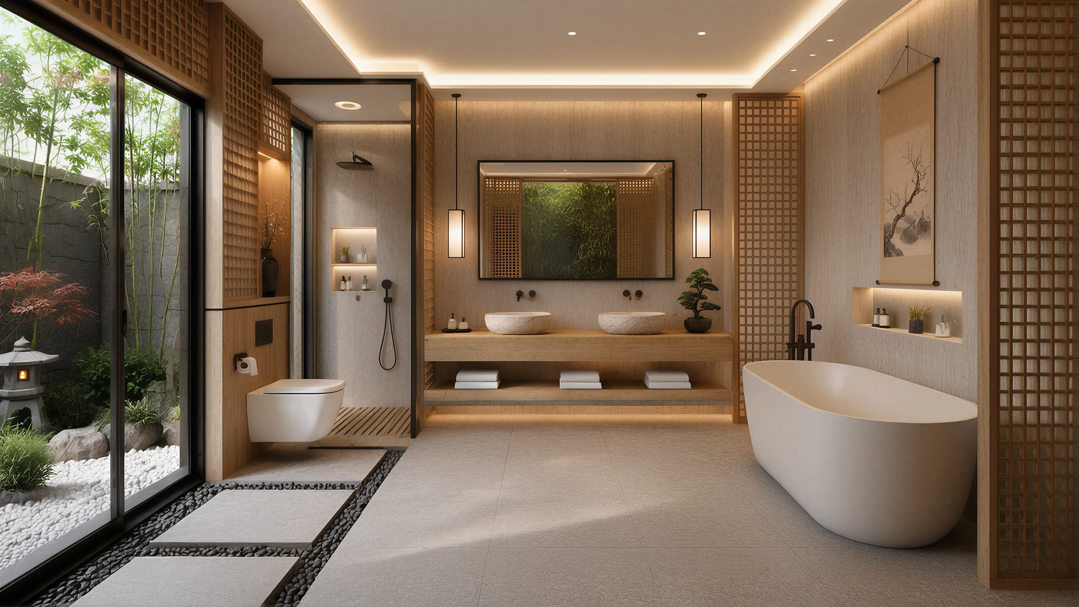 Medium Wood Modern Oriental Bath Slatted Panels 04