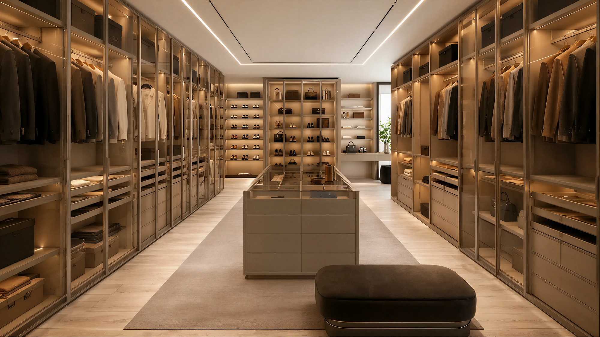 Medium Wood Modern American Closet & Wardrobe Island Angled Paneling
