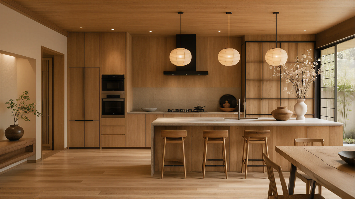 Medium Wood Modern Oriental Kitchen Hidden