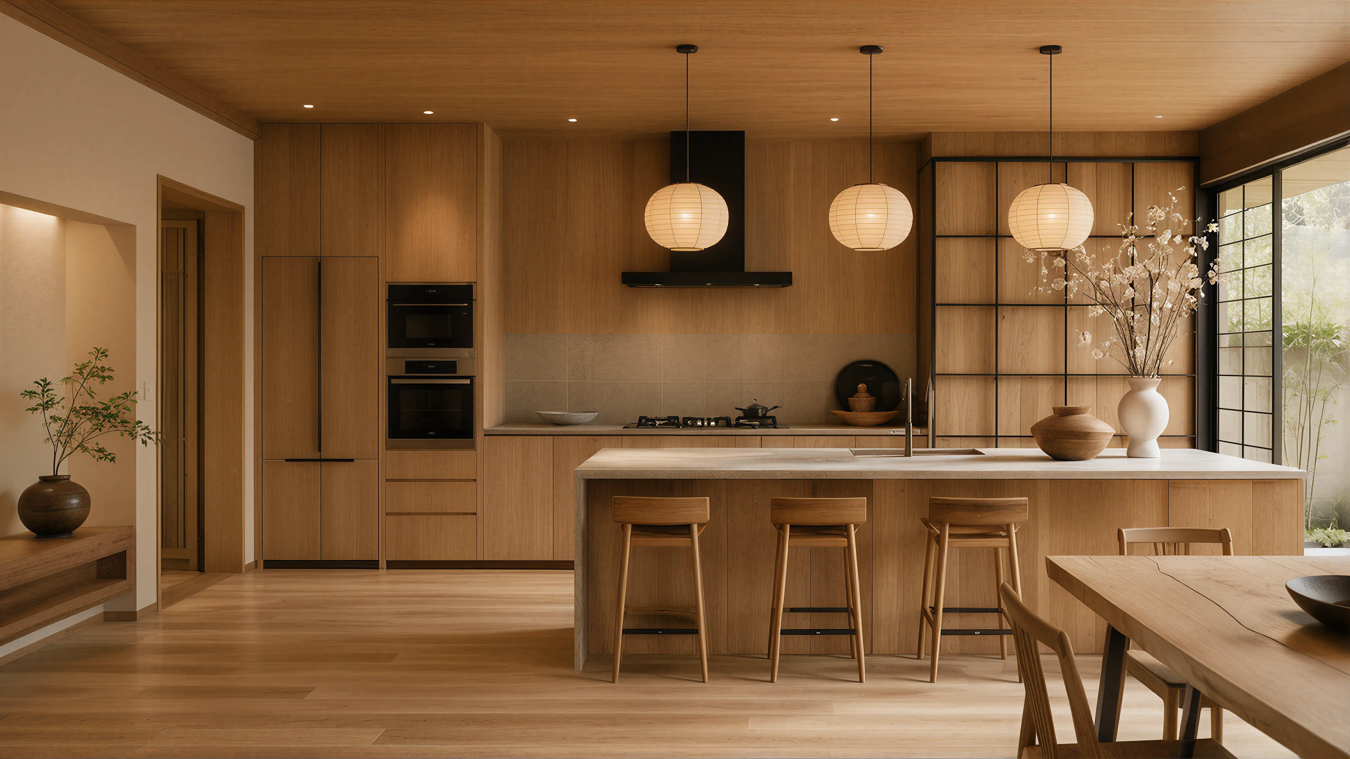Medium Wood Modern Oriental Kitchen Hidden