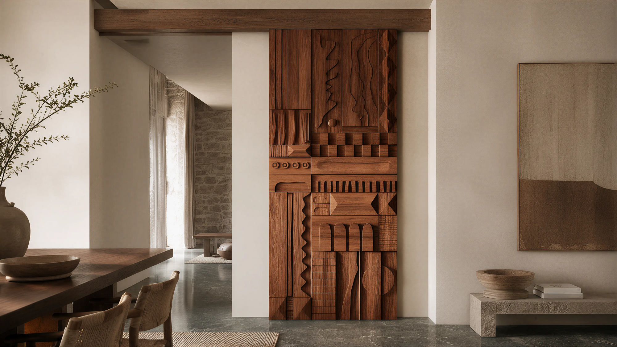 Medium Wood Modern Wall & Door Angled Paneling