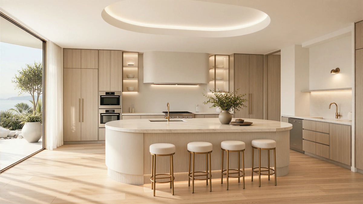 Light Wood Contemporary Kitchen Island Slatted Panels